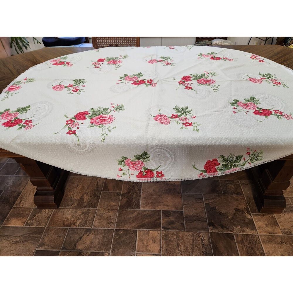 Vintage Floral Polyester Tablecloth 53x60 New Pink/Red Flowers Handmade